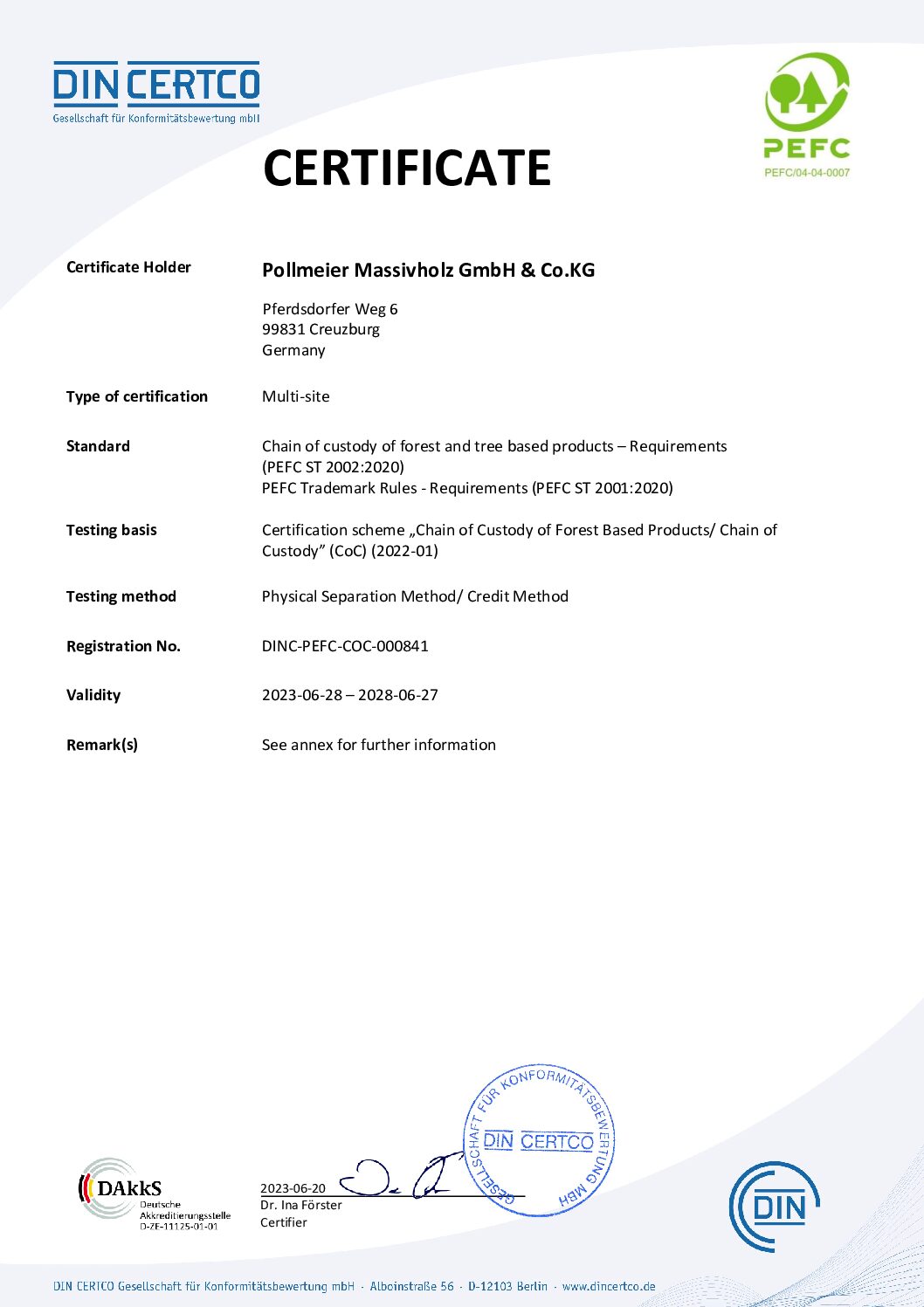 Pollmeier-PEFC-Certification